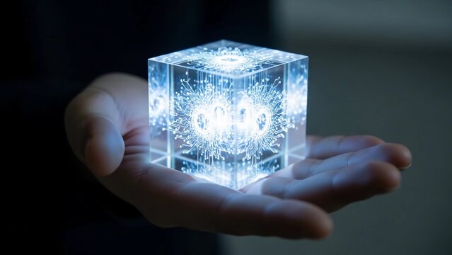 A glowing crystal cube is held in a person's hand in darkness
