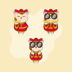 Cheerful cat character in red chinese costume. Vector illustration. EPS 10.