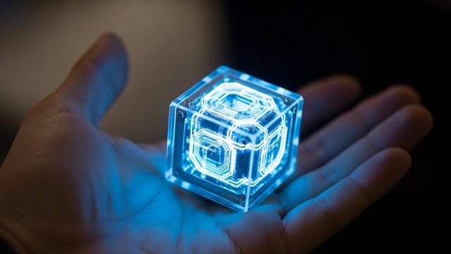 A hand holding a small, glowing blue cube with a futuristic design