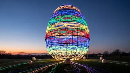 Giant multicolored egg structure illuminated by LED lights sits on a grassy field at twilight, surrounded by smaller white eggs, concept for holiday marketing, seasonal decoration and event promotion