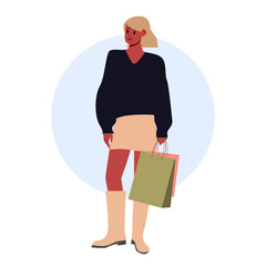 Stylishly Dressed Woman Standing Holding Shopping Bags. Girl Carrying Purchases from Sale. Flat Vector Illustration.