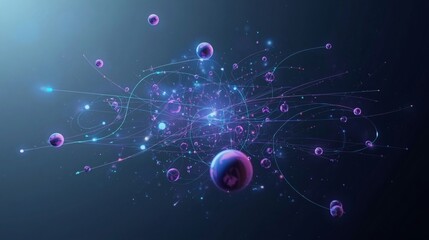 Abstract blue background with glowing stars and digital light energy creates a bright space illustration for technology design featuring a shiny planet globe backdrop