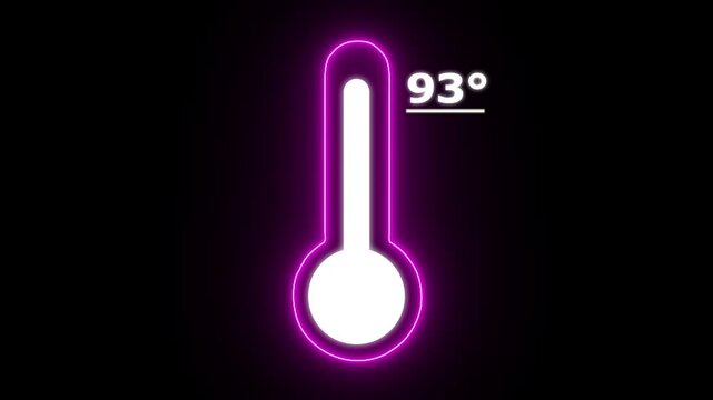 Neon Celsius thermometer displayed temperature 93 degree. Thermometer equipment showing hot or cold weather. 4K Video motion graphic animation.