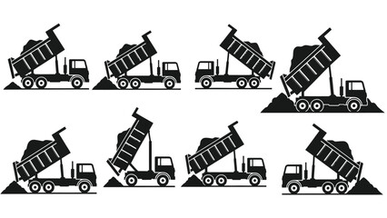 Illustrative sequence of dump trucks unloading materials in varying positions © Nasima