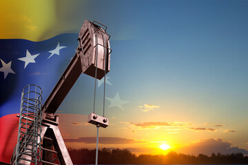 Oil pumpjacks with Venezuela flag against the sunset. Oil industry concept