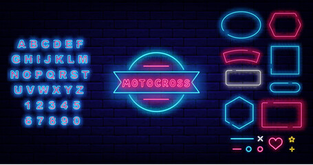 Car tournament neon label. Ribbon border. Car racing. Drift show and rally. Glowing blue alphabet. Geometric frames set. Flyer on brick wall. Editable stroke. Vector stock illustration