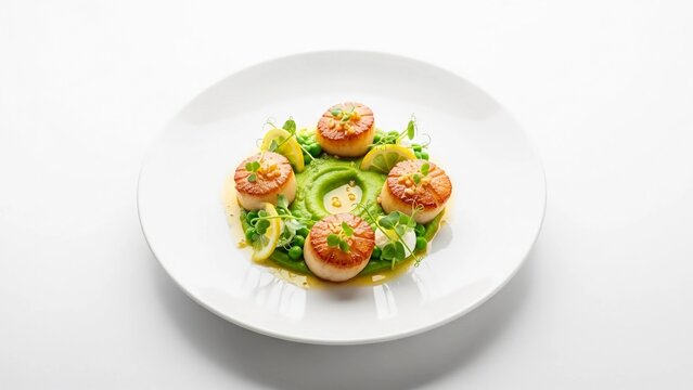 A delicious plate of seared scallops with avocado and microgreens