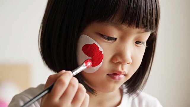 Young girl painting heart on face with brush indoors
