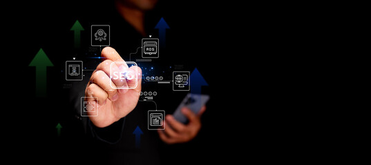 A person interacts with digital icons representing SEO, analytics, and technology, set against a dark background with upward arrows.