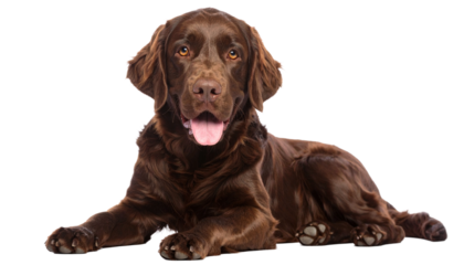 A single dog reclining on a white background