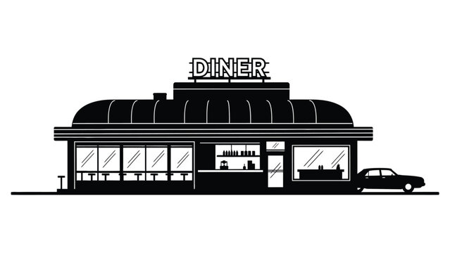 Classic american diner building illustration in black and white style