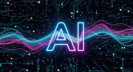 AI technology concept with neon light waves and circuit board background.