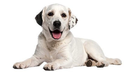 A single dog reclining on a white background