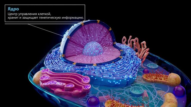 Conceptual 3D Animation of a Eukaryotic Cell with Labeled Organelles in Russian