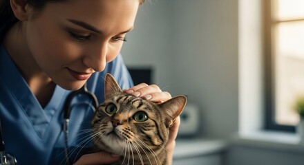 Veterinary care professional gently examining a domestic cat in a clinical setting