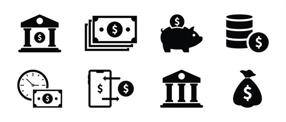 Banking and Deposit Finance Icons Set with Money and Savings Symbols