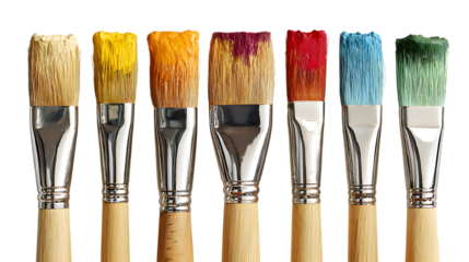 Paintbrushes with colored paint tips isolated on a transparent background