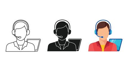 Fototapeta premium Customer support agent with headset and laptop icon set outline, solid, and color variations