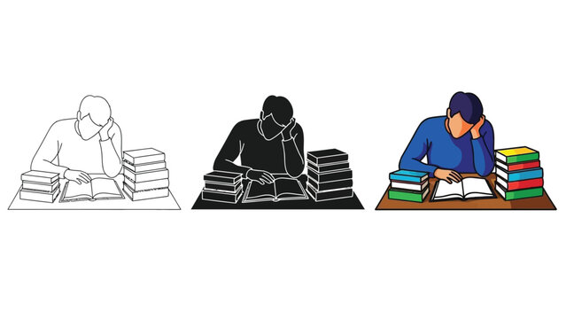 Student studying hard at desk with large stack of books, illustration set showing line art, silhouette, and color versions