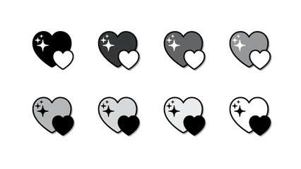 A collection Monochrome of eight heart icons in two rows. Each icon has  a sparkle and a smaller, black heart. 