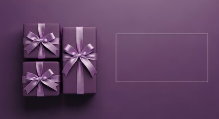 Three purple gift boxes with purple ribbons on a purple background.