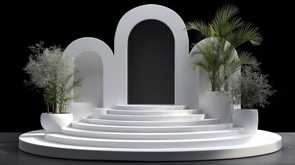 White archway stairs display with green plants, studio lighting, dark backdrop