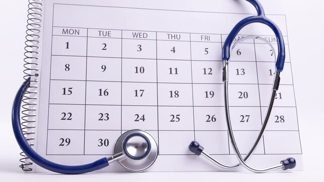 Medical checkup concept. Camera moving in on stethoscope and calendar on white background.