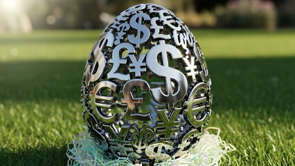 3D silver metallic Easter egg sculpture made of global currency symbols sitting on vibrant green grass, concept for global financial market, economic forecasts and seasonal investment strategy