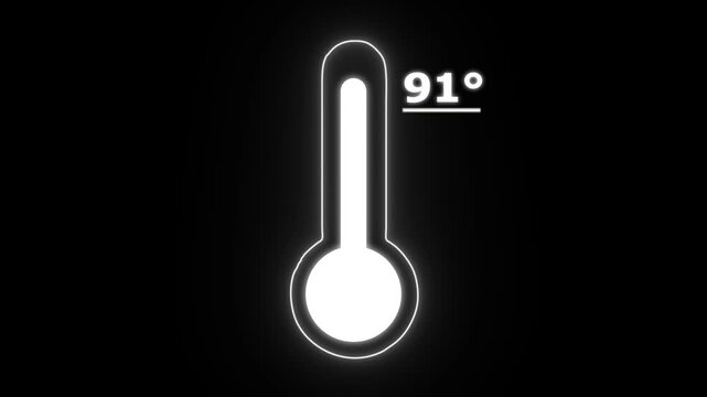Neon Celsius thermometer displayed temperature 91 degree. Thermometer equipment showing hot or cold weather. 4K Video motion graphic animation.