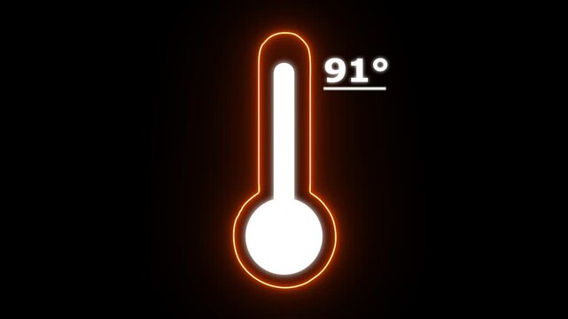 Neon Celsius thermometer displayed temperature 91 degree. Thermometer equipment showing hot or cold weather. 4K Video motion graphic animation.