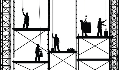 Construction worker silhouettes on scaffolding platforms with lifting equipment, building installation, industrial teamwork, black vector illustration isolated on white background