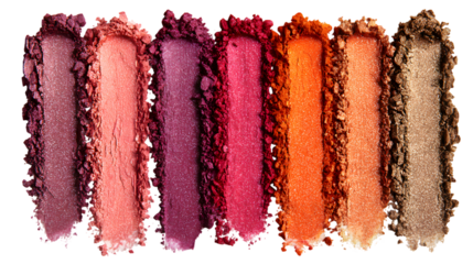 Six vertical swatches of eyeshadow in various colors isolated on a transparent background