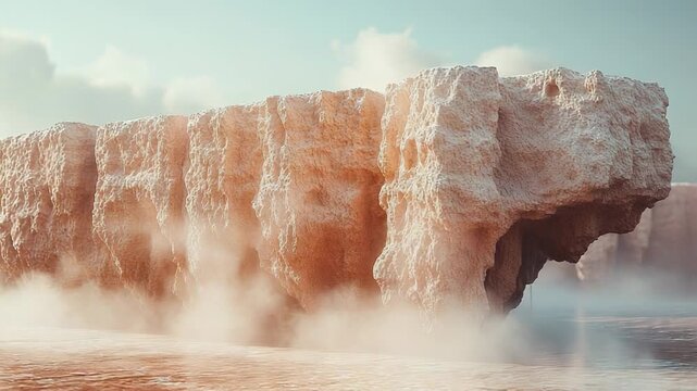 Robust limestone cliffs stand tall above the water, with atmospheric fog settling densely at their base, creating a mysterious and serene coastal landscape bathed in soft light