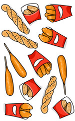 a set of fast and different foods hot dogs, twsted donut, french fries and french toast on red paper package