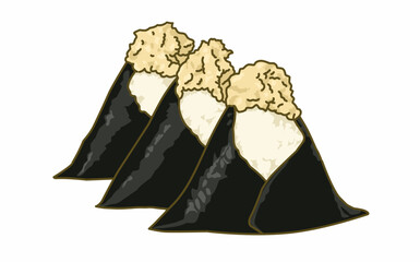 three delicious onigiri With ground fish topping Japanese food. Yummy Triangle rice for breakfast 