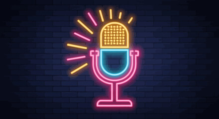 Vibrant neon microphone illustration with radiant lines on dark brick background for podcasting and broadcasting themes with radio and music