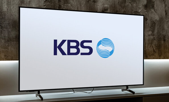 Flat-screen TV set displaying logo of KBS