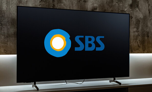 Flat-screen TV set displaying logo of SBS