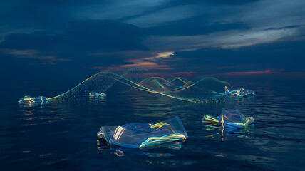 Abstract futuristic ocean scene with glowing light trails and translucent floating structures at sunset featuring dark blue water and mystical energy waves moving across calm evening sea surface area