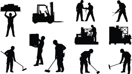Industrial worker silhouettes collection with forklift operators, factory laborers, construction tasks, warehouse jobs, black vector icons isolated background on white © MDKHALEDUL