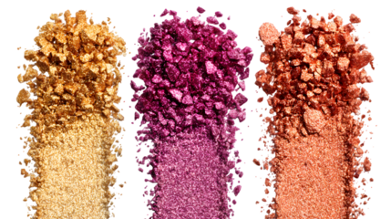 Three colorful powder piles in gold purple and orange isolated on a transparent background