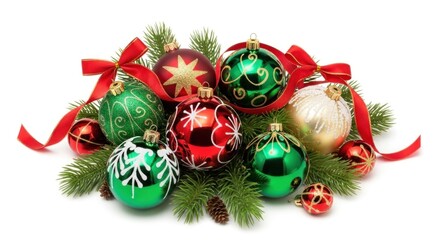 Christmas ornaments and pine branches on a white background.