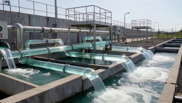Industrial water treatment facility showcases complex piping network actively circulating treated water through multiple aeration basins for purification processes