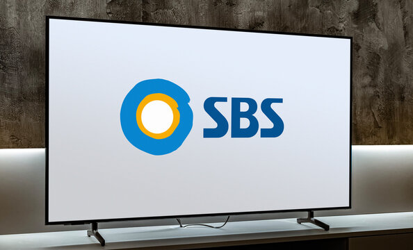 Flat-screen TV set displaying logo of SBS
