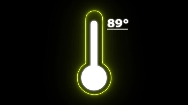 Neon Celsius thermometer displayed temperature 89 degree. Thermometer equipment showing hot or cold weather. 4K Video motion graphic animation.