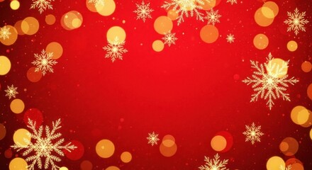 A festive red and gold Christmas background with snowflakes and bokeh lights.