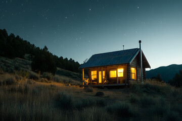 Cozy Off-Grid Log Cabin Under Starry Night Sky