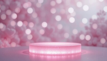 Glowing pink circular display pedestal on a reflective surface with soft bokeh background