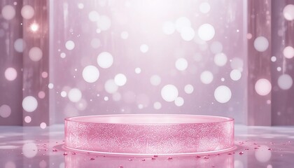 Pink circular glass podium with sparkling bokeh lights in a soft ethereal presentation space