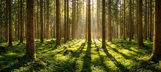 Fototapeta premium Beautiful sunny morning in green forest